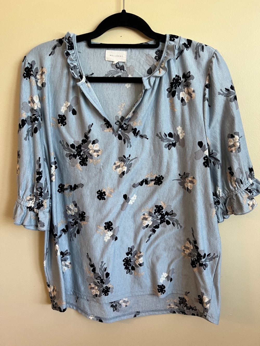 Melloday XL Blue Floral Ruffle Sleeve Blouse Lightweight Knit Top